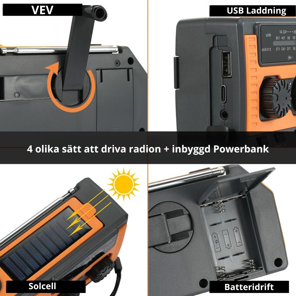 Nödradio AAA Batteri - Vev - Powerbank 4000 mAh - Solcell